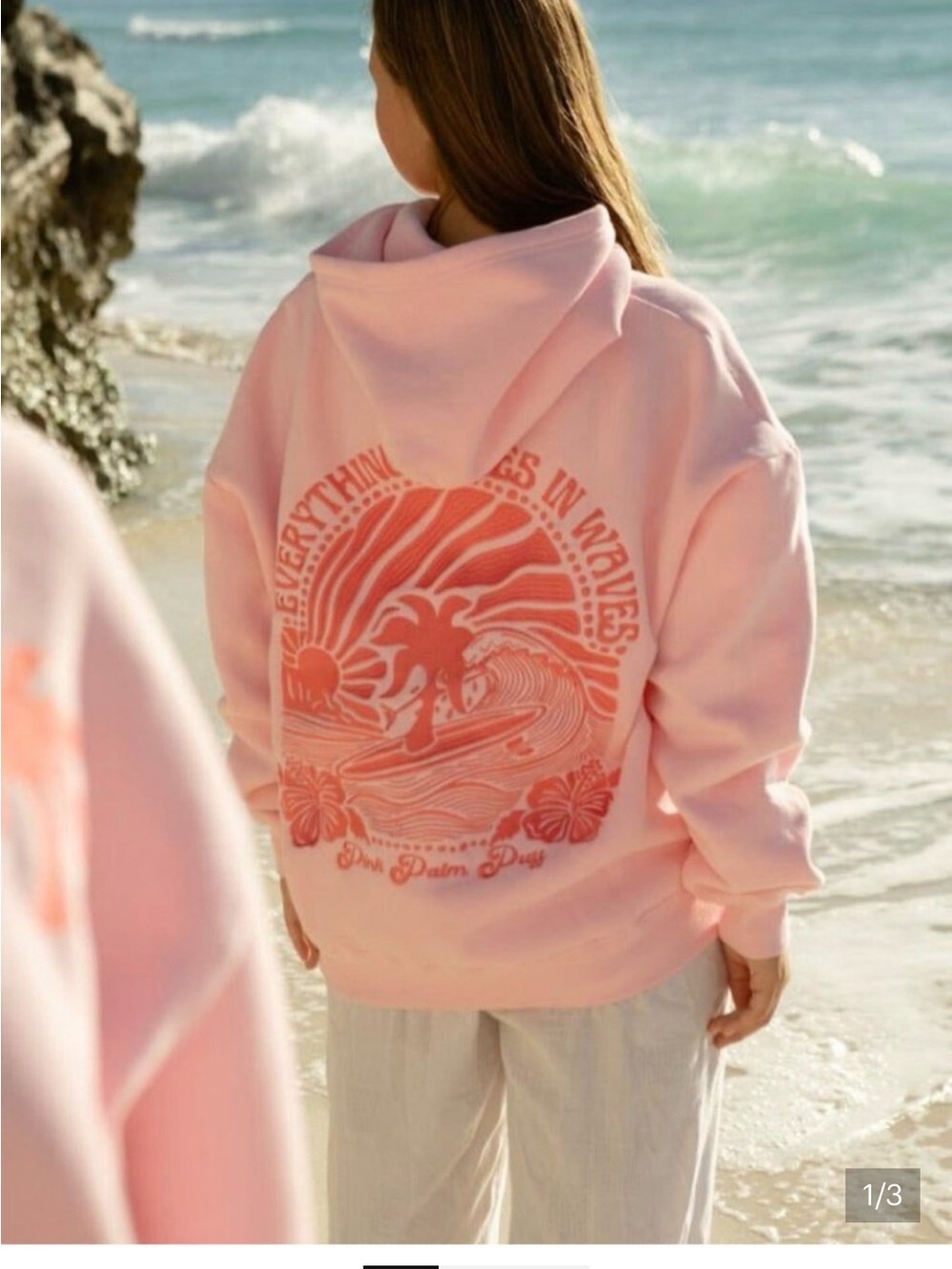 Pink Palm Puff Hoodie Small “Everything Comes in Waves”